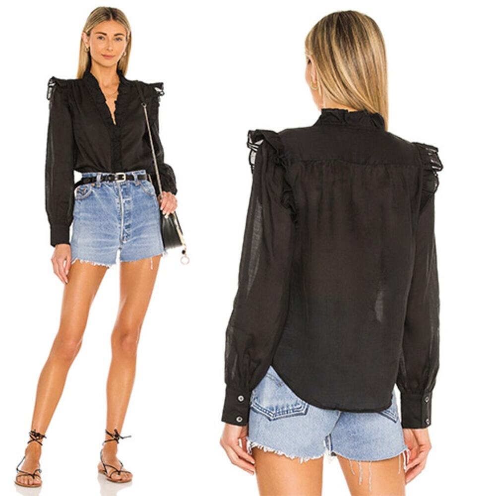 NEW Frame Lauren Ruffled Long Sleeve Button Down Black Sheer Blouse Top